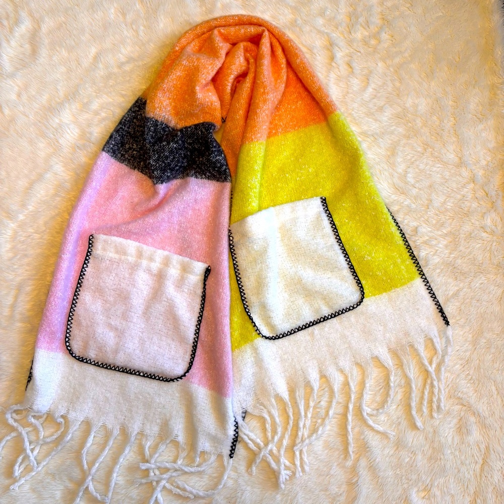 Colorblock Pocket Fringe Scarf - Pink, Orange, Yellow